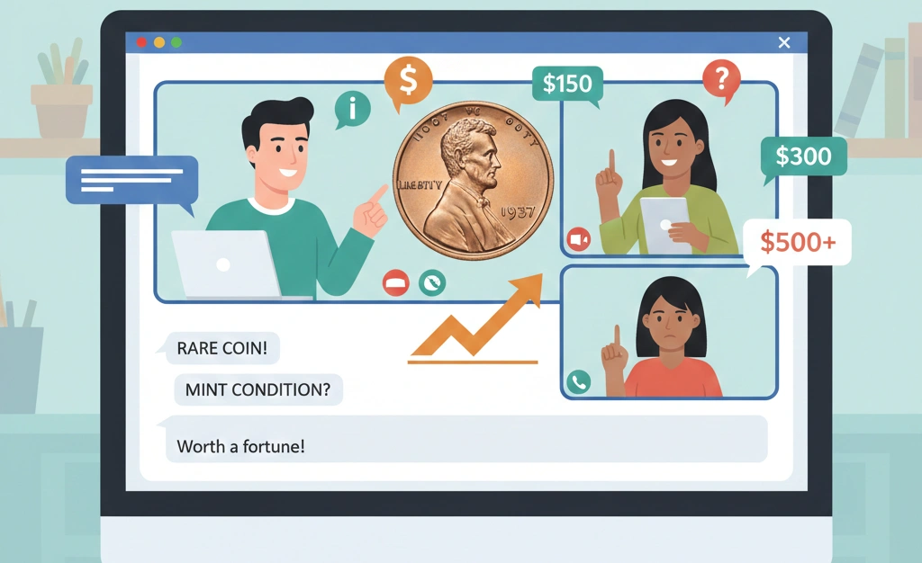 A marketplace scene focused on a 1937 penny value discussion