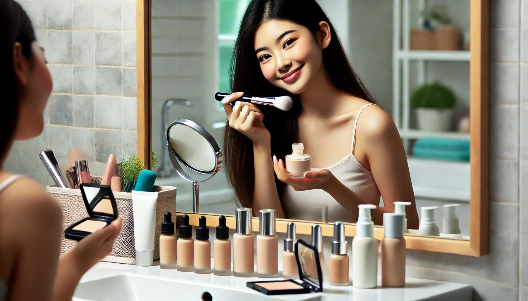 A young woman in a modern bathroom applying affordable makeup products in front of a mirror.
