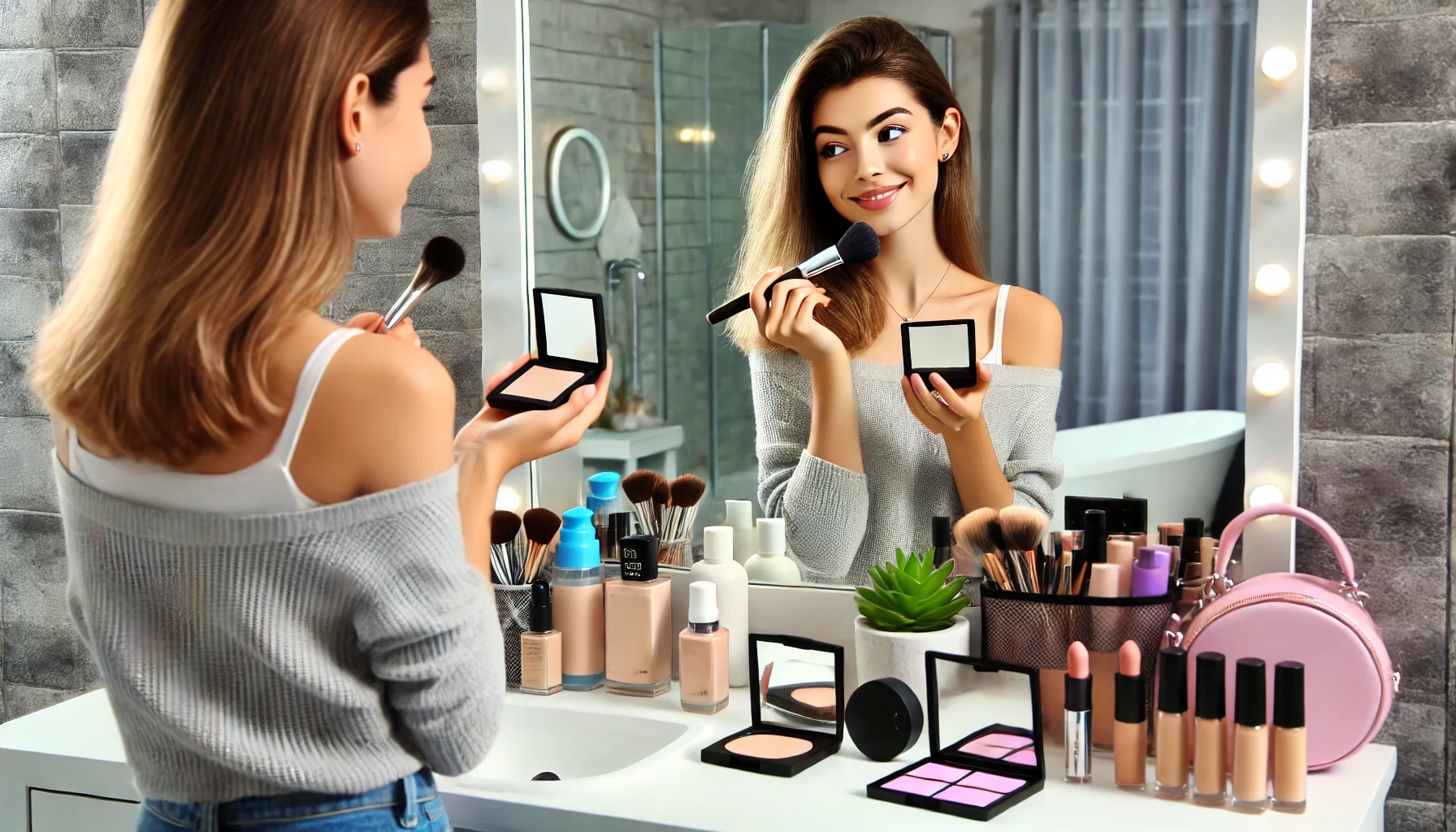 A budget-friendly makeup item arranged neatly on the counter and a woman carefully applies foundation and appears happy.