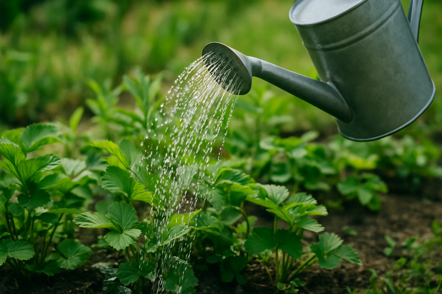 A galvanized watering can pours a gentle stream of water onto green plants in a garden bed, with droplets sparkling in the sunlight.
