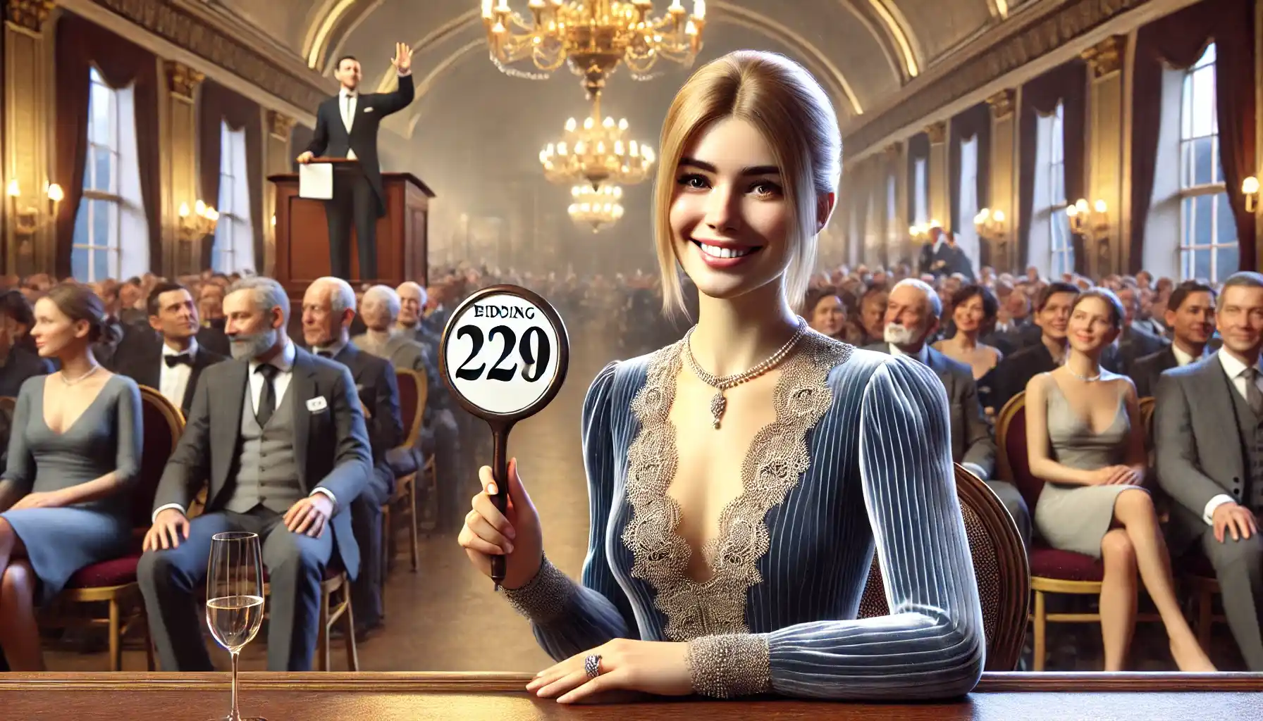 a smiling woman at an auction, elegantly dressed, holding a numbered bidding paddle. She is seated in a grand auction hall with chandeliers and an attentive audience. The auctioneer stands at the podium.