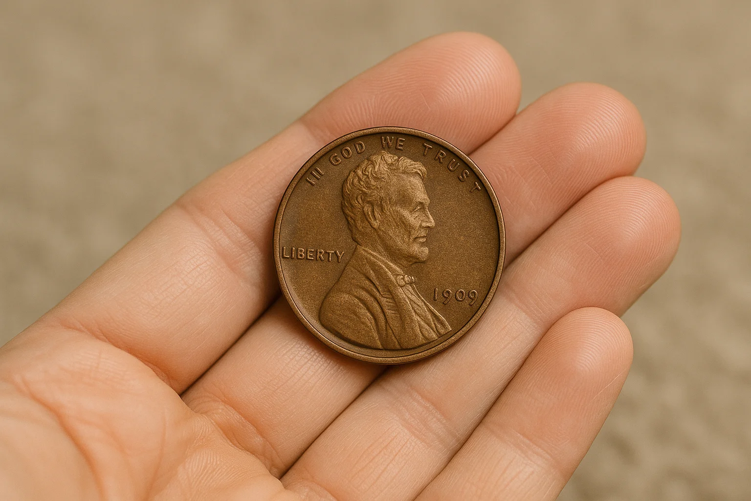 a Lincoln penny (obverse seen) in someone’s hand