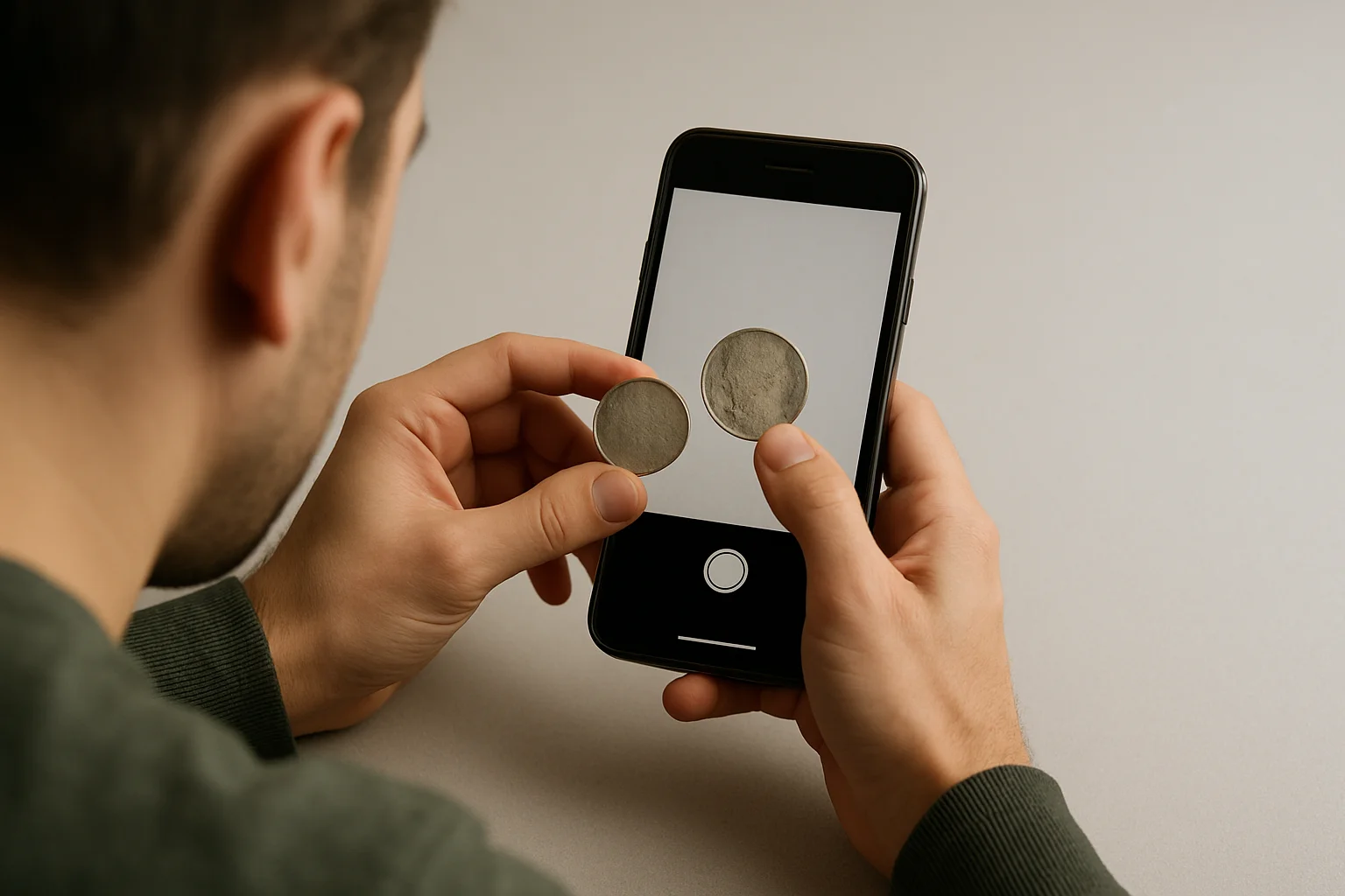 A collector photographs a heavily worn coin from directly above with soft, even lighting so the identification app can read its remaining structural patterns.