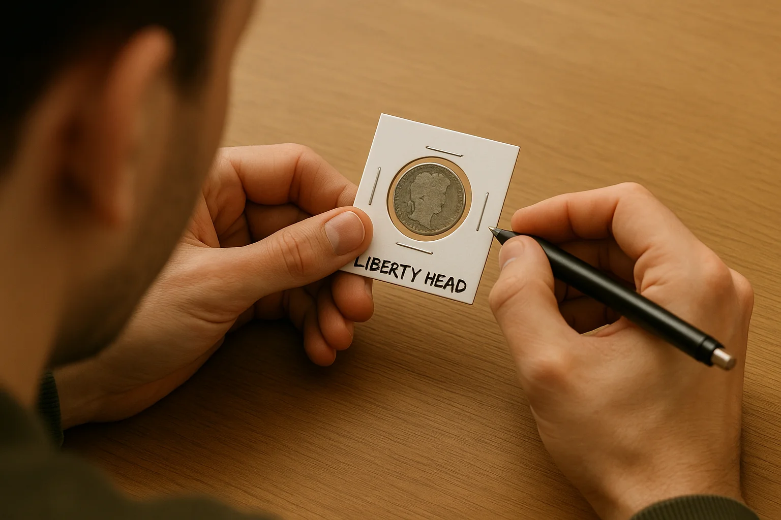 A collector places a worn coin into a simple holder and labels only the type, leaving date and variety evaluation for manual study later.